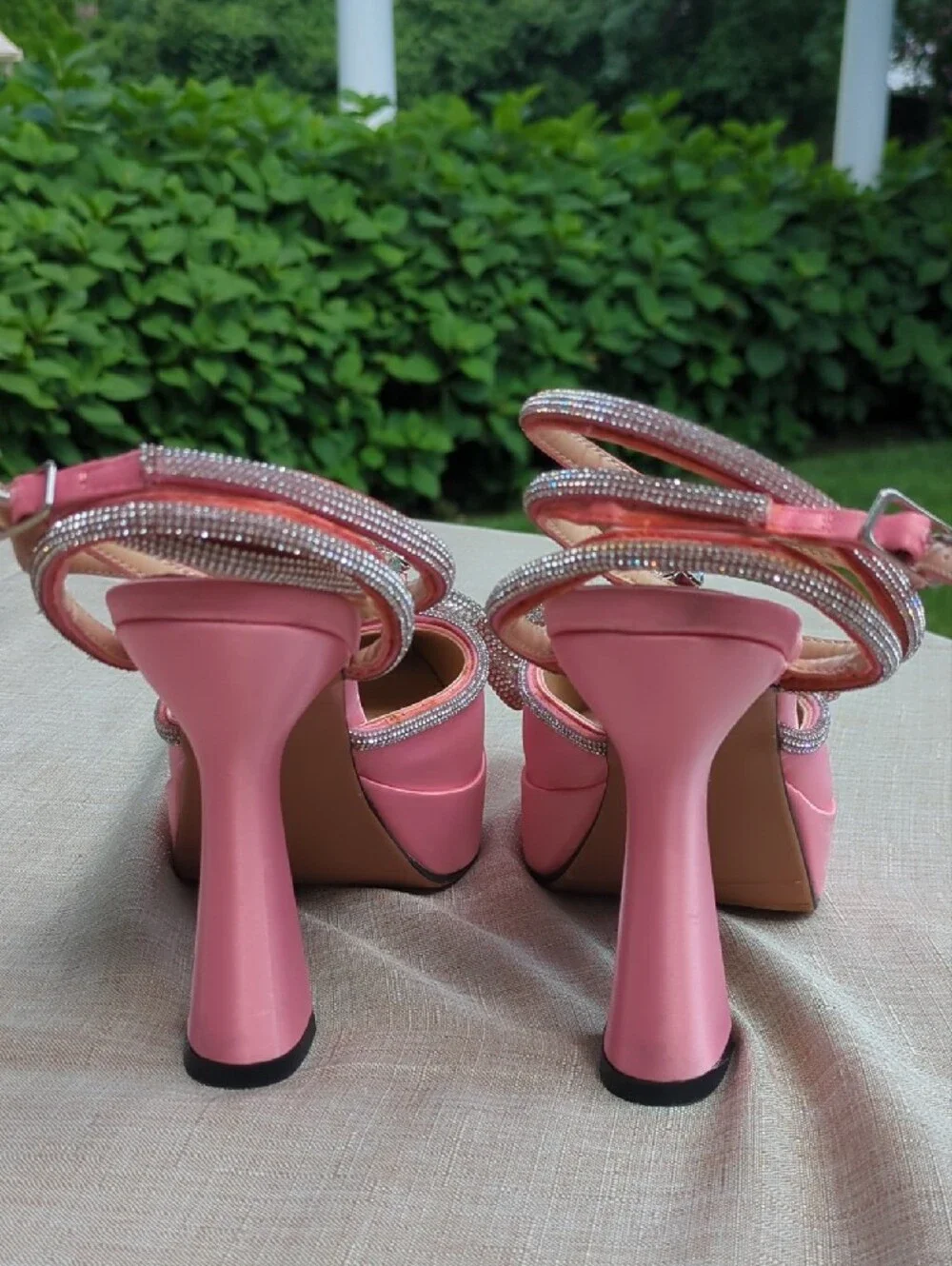 Pink Satin Pointed Toe Heels with Crystal Bow